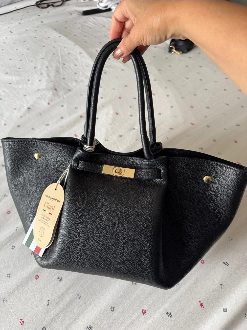 Classic Black Leather Tote Bag with Gold Hardware